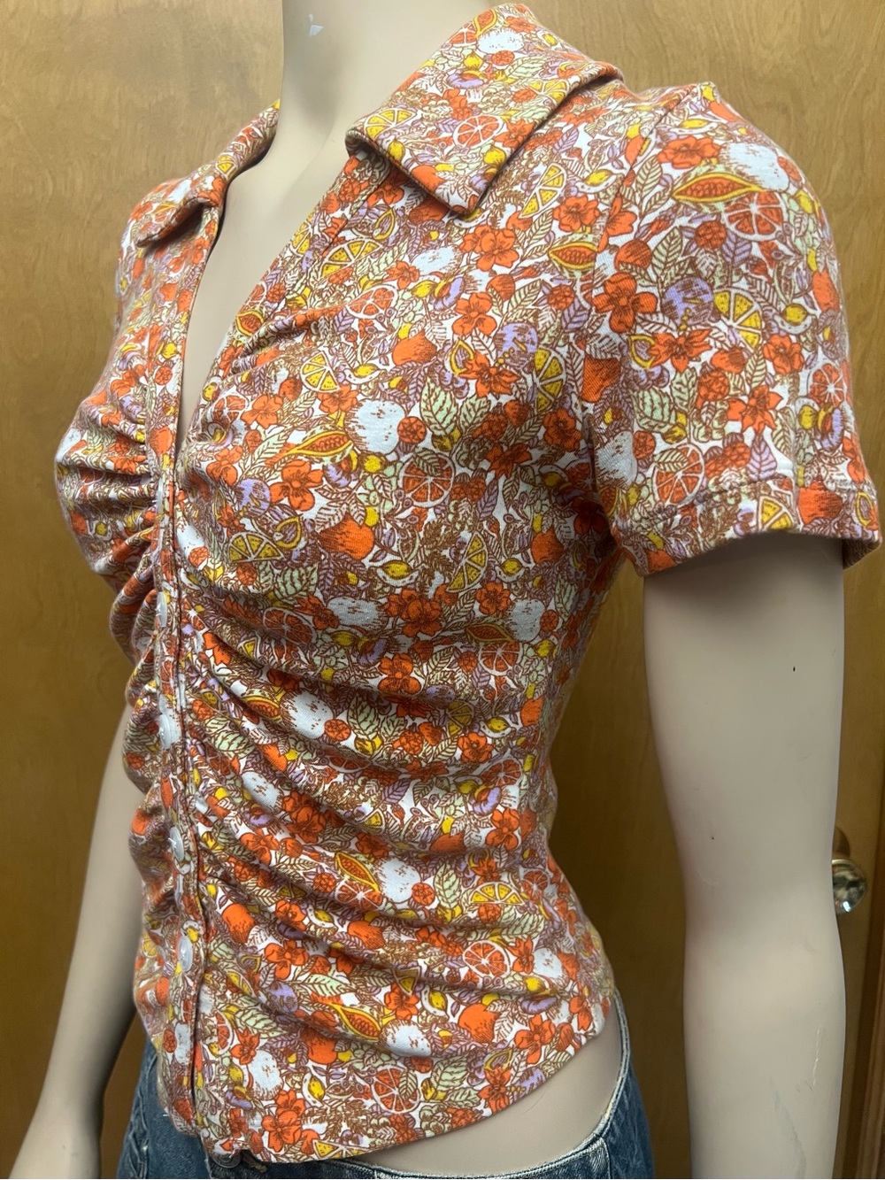 Anthropologie Maeve Ruched Button-Front Citrus/Floral Top, seen on General Hosp! - Picture 9 of 16